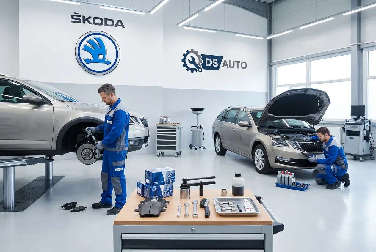 Процесс замены передних тормозных колодок Skoda в автосервисе DS Auto в Жуковском
